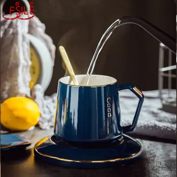 

FSILE Simple New Chinese Coffee Cup and Saucer Set Ceramic Cup with Lid Spoon European Style Mug with Gold High-end Creative Cup