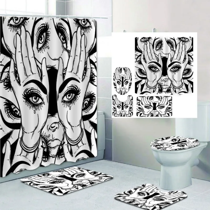 

Bathroom 4PCS Set Black And White Abstract Nature Animal Scenery Printed Pattern Shower Curtain Toilet Lid Cover Mat Bath Mat
