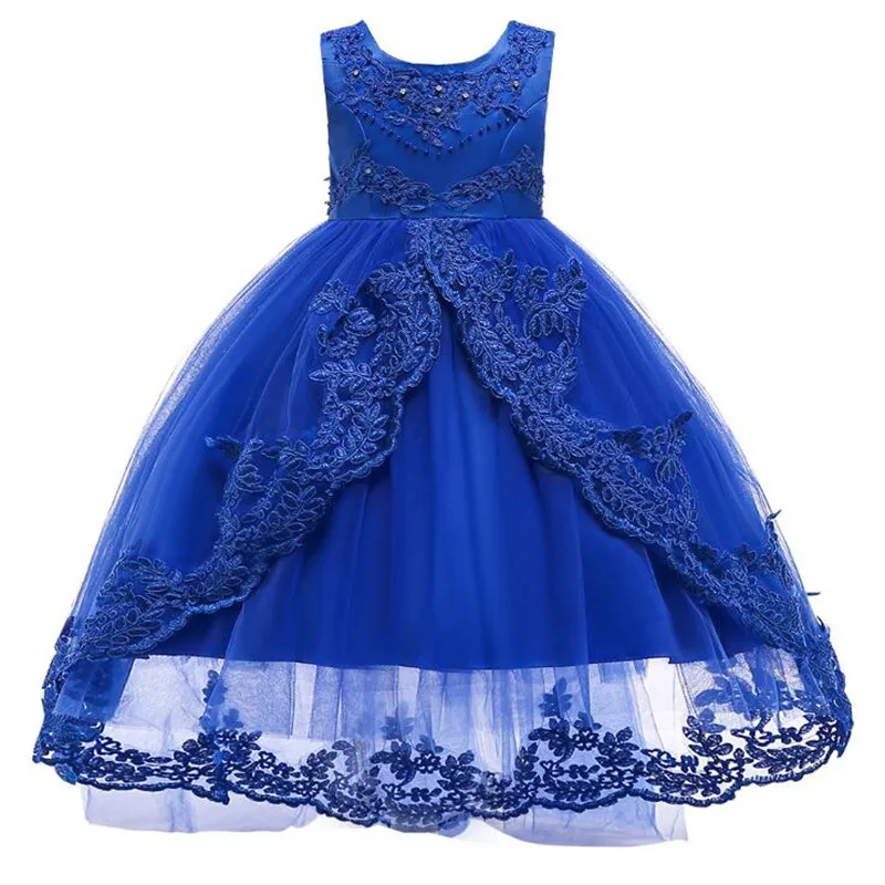 Кружевное газовое платье принцессы с бусинами и цветами для свадебной вечеринки; бальное платье на день рождения; элегантные Детские платья для девочек - Цвет: royal blue