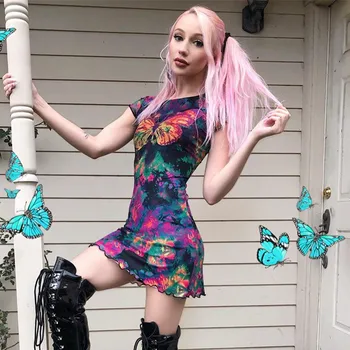 

SUCHCUTE mesh women mini dress butterfly puff sleeve Double layer Gothic customize dresses streetwear Modis female party outfits