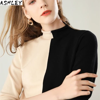 

Turtleneck Patchwork Sweater Women Wool Blends Sweater Woman Pullover Sweaters Female Patchwork Women Cashmere Sweaters Fashion