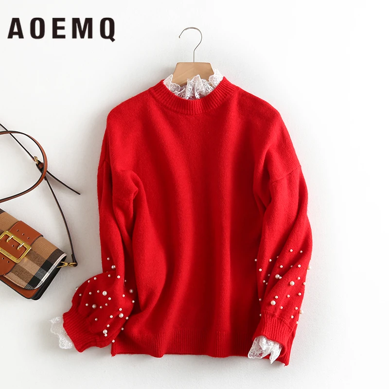 

AOEMQ Fashion Candy 5 Colors Sweaters Tassel Christmas Sweaters with Sweet Lace Wave Decoration Pullover Sweaters Women Clothing