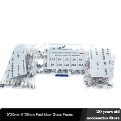 Fusibles assortis en verre à soufflage rapide, 50/100 pièces, 5x20mm, 6x30mm, 0,5 a, 2a, 10a, 30a, 250V 