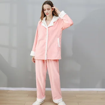 

Couple Clothes Winter Pajamas Women Autumn Coral Velvet Thickening Home Warm Two-piece Suit Long-sleeved Flannel Men's Home Wear