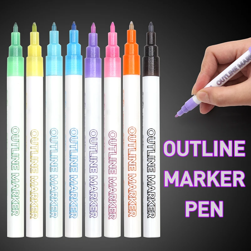 MinusK 8pc Double Line Contour Pen Glitter Color Fluorescent Marker Metal Color Pen 