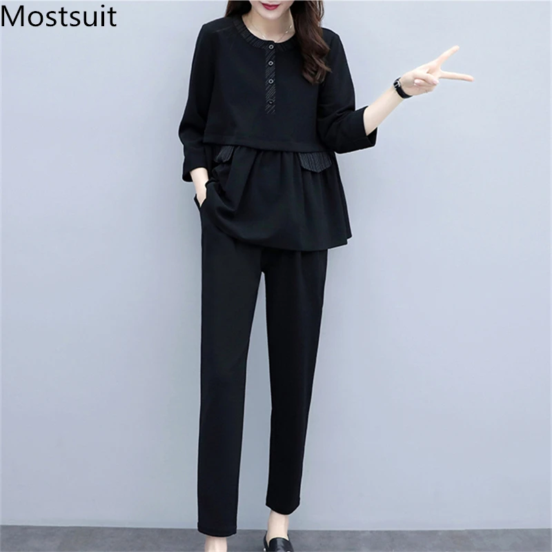 

Autumn Black Two Piece Sets Outfits Women Plus Size Long Sleeve Tops And Pants Suits Casual Elegant Office Fashion Korean Sets