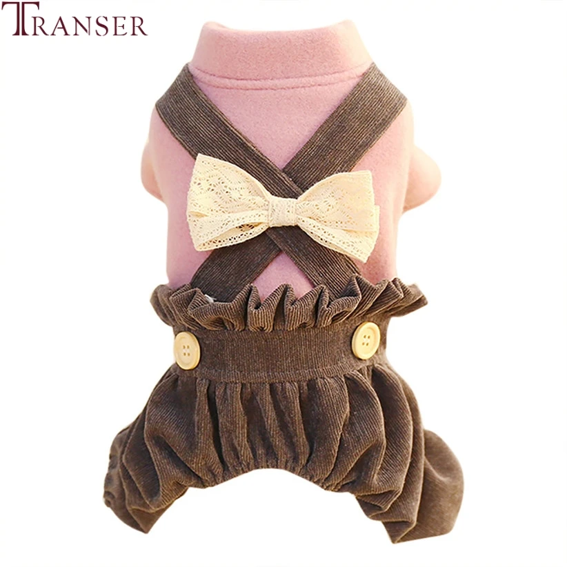 

Transer Sweet Style Lace Bowknot Ruffle Dog Clothes Rompers Buttons Warm Dog Jumpsuits Bib Pants Small Pet Clothing 9905