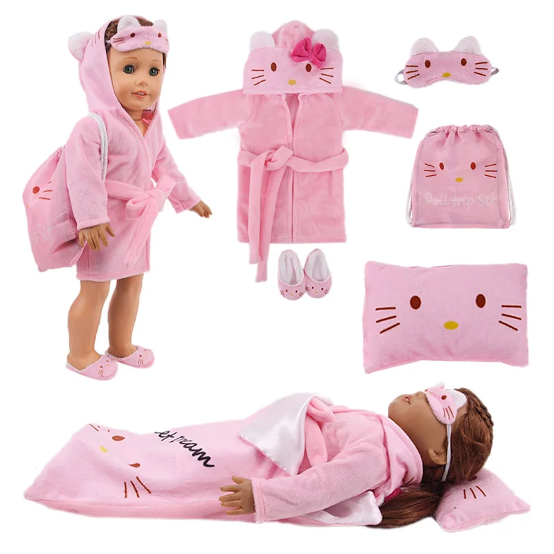 6Pcs Doll Sleeping Bag Bathrobes,Unicorn Jumpsuits,Sleeping Bag,Pillow,Mask,Slipper Fit 18Inch American&43CM Born Baby Girl Toys princess girls blue high heels shoes 2023 new spring dance girl sequins slipper student performance small leather shoes