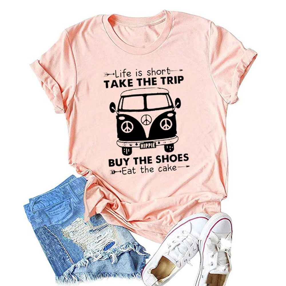 T Shirt Avec Citation Drole La Vie Est Courte Prendre Le Voyage Acheter Les Chaussures Manger Le Gateau T Shirt De Motivation 19 Aliexpress