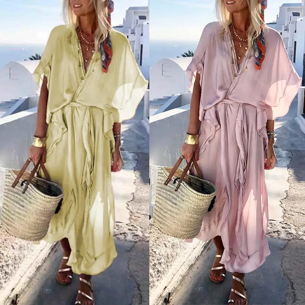 Женское пляжное платье-Макси Boho свободное однотонное платье с v-образным вырезом