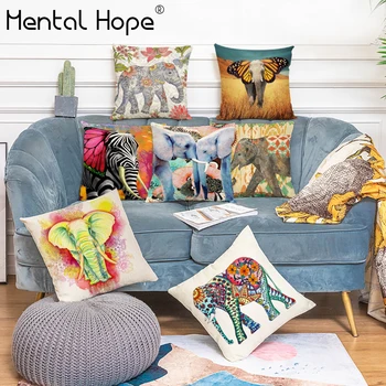 

Elephant Pattern Linen Cotton Cushion Cover Cartoon Animal Printing Throw Pillow Cover For Car/Bed Home Decor Square Pillowcase