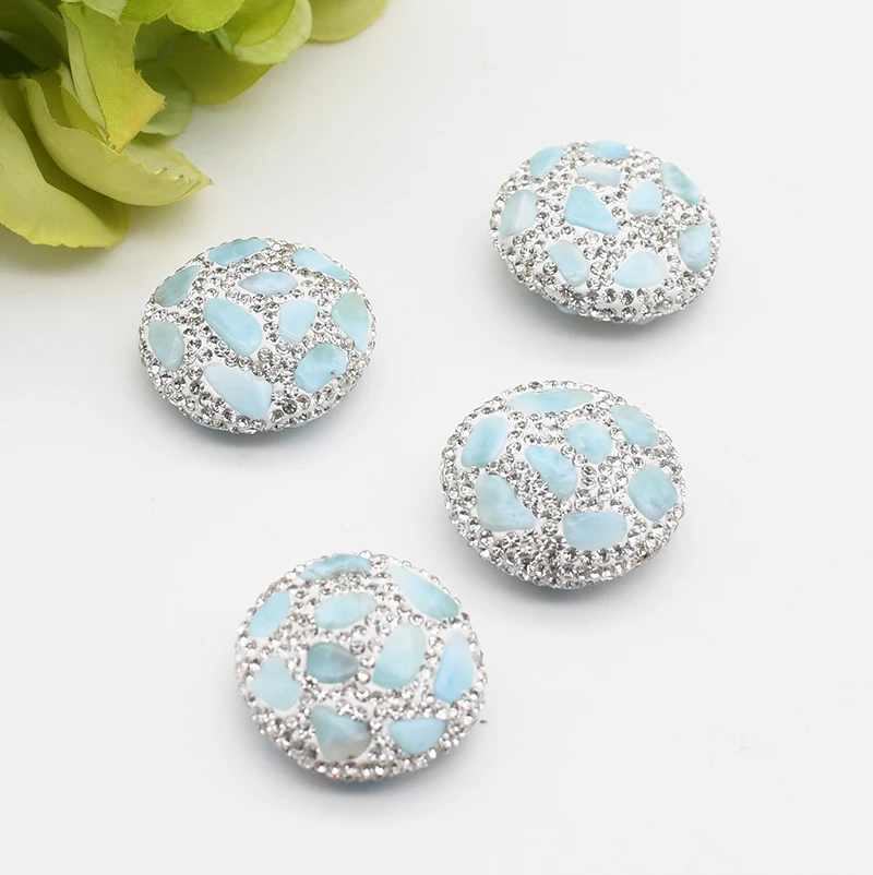 

5pcs/lot 20mm High Quality Light Blue Larimar Round Beads Trimmed With Crystal Zircon