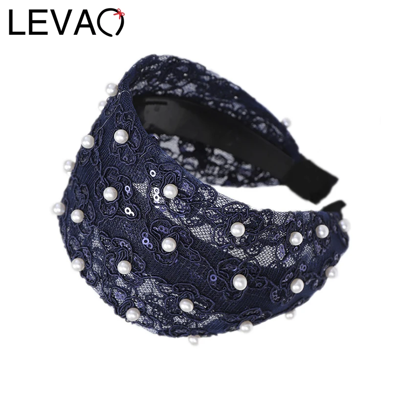 

LEVAO Fashion Korean Pearl Lace Hollow Mesh Headbands Wide Size Bezel Turban Women Hairbands Girls Hair Accessories Hair Hoop