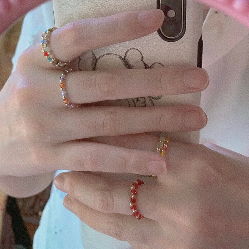 AOMU 2020 Fashion Crystal Beaded Rings Cute Minimalist Coloful Beads Geometric Stacked Fine Rings for Women Party Gift Jewelry