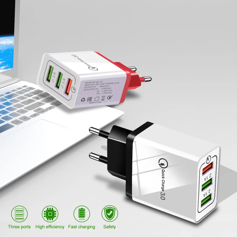 

Universal 3 Port USB Charger Quick Charge 3.0 for IPhone X 8 7 IPad Wall Charger for Samsung Xiaomi Huawei Mobile Phone Charger