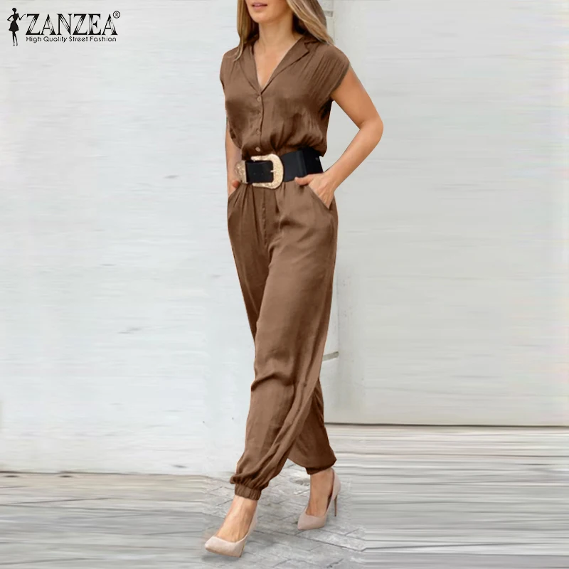 2022 Summer Solid OL Rompers Women Fashion Long Jumpsuits ZANZEA Lapel Short Sleeve Overalls Casual Loose Maxi Playsuit Oversize |