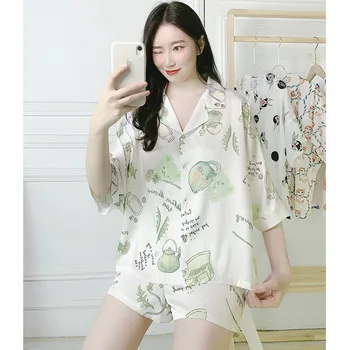 

SWT Summer Satin Lively and Lovely Nightgown Women Thin Short Sleeve Cartoon Ladies Homewear 2-Piece Set Shorts Pajamas