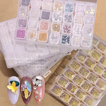 

28 grids/Set 3D Nail Art Decorations Mix Rivets Pearls Shell Crystal Rhinestones DIY For Nails Accessories Manicure Kit