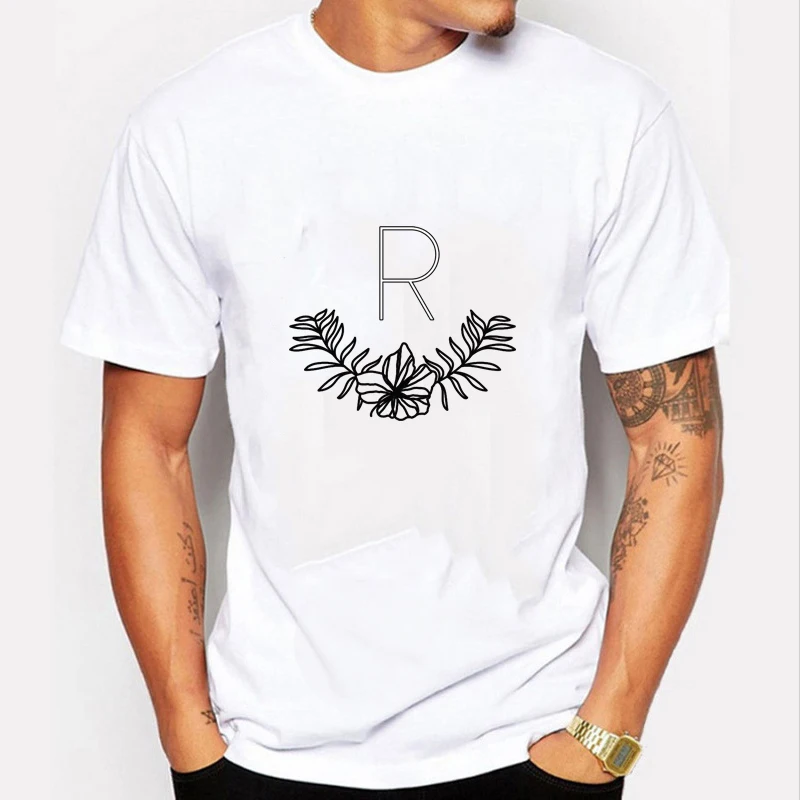

Printing Men T-Shirts Male Clothing R Letter Flower Pattern Printed Men T Shirt High Quality Cotton O-Neck Short Sleeve Tops