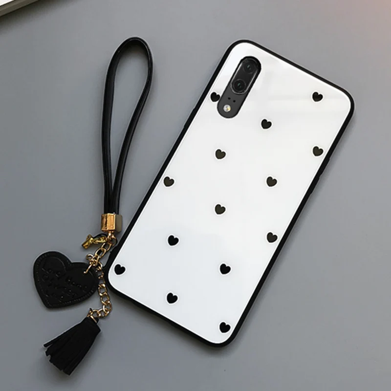 WHITE Чехол и ремешок для huawei P20 Lite Nova 5 Чехол стеклянный жесткий чехол для huawei Y9 простое маленькое сердце любви ремешок funda - Цвет: WHITE