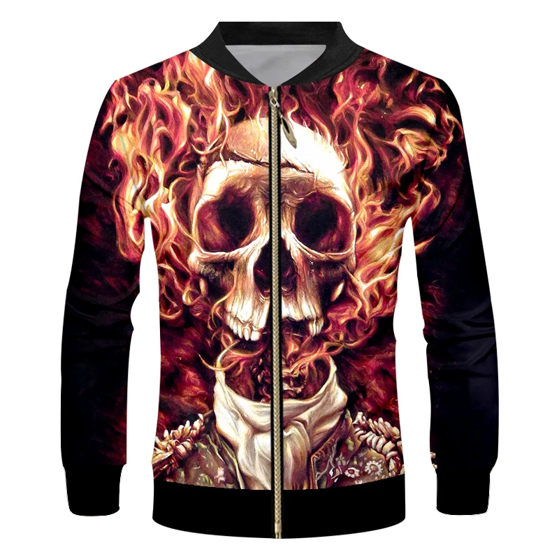 Flame Skull UJWI Весна Осень Хип-хоп гранж 3d крутой человек печать пламя куртка с черепом на молнии Верхняя одежда уличная одежда длинный рукав Топ пальто - Color: Flame Skull