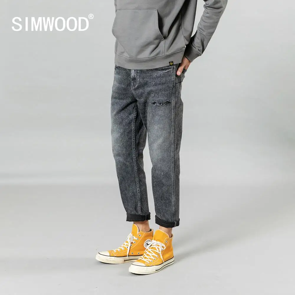 SIMWOOD осень зима новые рваные джинсы мужские по щиколотку облегающие черные джинсы размера плюс брендовая одежда джинсовые штаны SI980596
