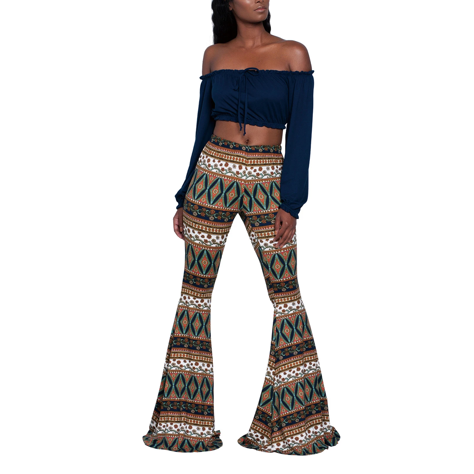 capri trousers Summer New Women High-Waist Stretch-Print Trousers Wide-Leg Loose-Fitting Trousers Sexy Flared Pants Bottom Casual Leggings white pants Pants & Capris