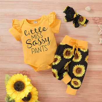 

Newborn Baby Girl Clothes Short Sleeve Romper Pants Sassy Outfit Summer 3Pcs