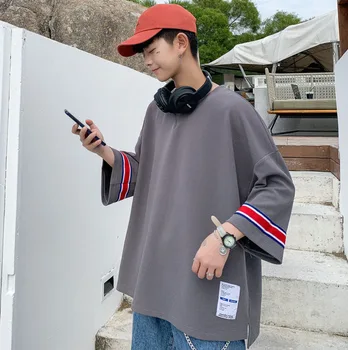 

2020 Summer New Youth Popular Loose Large Size Color Matching Seven-quarter Sleeve T-shirt Fashion Casual Round Neck Pullover
