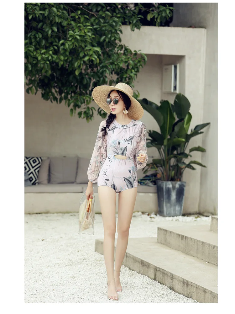 Women Printed Long Sleeve One Piece Swimwear Bathing Suit Swimming Beachwear Summer Sexy Swimsuit Bandage Swim Suits Monokini