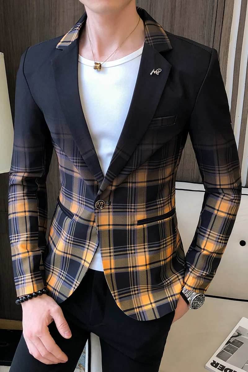 Spring Autumn Men Blazer Fashion Colorblock Plaid Slim Fit Suit Jacket Man Wedding Business Clothing Dress Suit Coats Man