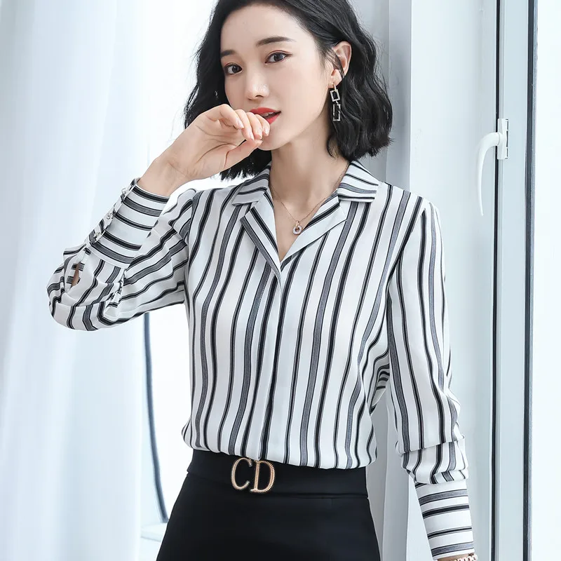 Black stripes Naviu high quality autumn new fashion office shirt for women blouses slim wild vertical stripes shirt long sleeve tops - Цвет: Black stripes