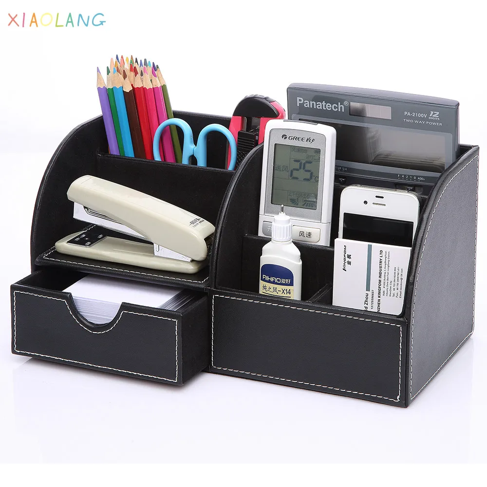 

XIAOLANG Home Office Storage PU Leather Desk Organizer Storage Box Pen Pencil Holder Remote Control Holder Name Card Stand