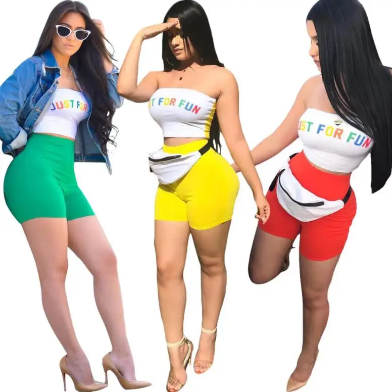 

2020 New Arrvial Summer JUST FOR FUN Letter Print 2pcs Sexy Crop Top And Shorts Suits Tracksuit Women Street 2 Piece Set Outfits