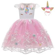 Новые праздничные платья с единорогом для девочек, рождественское платье, Детский карнавальный костюм, детское кружевное платье принцессы для 2, 3, 4, 5, 6, 7, 8, 9, 10 лет