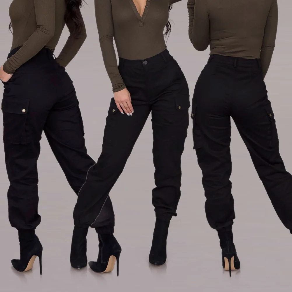 Модные женские брюки, плотные военные армейские брюки-карго, брюки-карандаш, черные брюки с высокой талией, женская одежда, уличная одежда