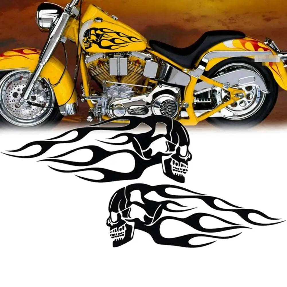 2Pcs Universal Motorcycle Motorbike Gas Tank Skull Flame Decals Sticker Decor