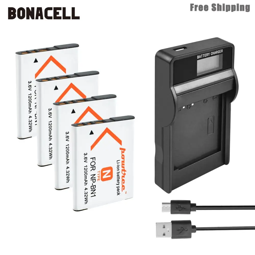 4X Battery Charger Bonacell 1200 мА/ч, NP-BN1 NP BN1 NPBN1 Камера Батарея+ ЖК-дисплей Зарядное устройство для sony TX9 WX100 TX5 WX5C W620 W630 W670 TX100 L50 - Цвет: 4X Battery Charger