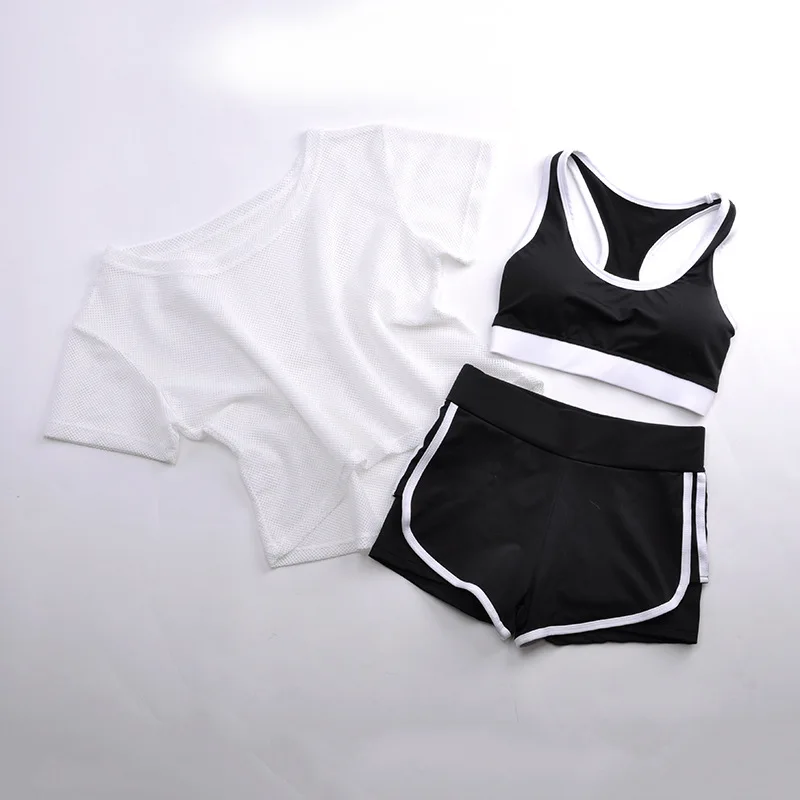 

Summer Women's Running Sports Coat Large Size Network Gym Three-piece Set Quick-Dry Shorts Yoga Clothes Suit