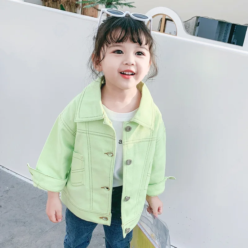 

Girls Spring 2020 New Style Korean-style Children Candy-Colored Jeans Coat Baby Western Style Little Girl Fold-down Collar Jacke