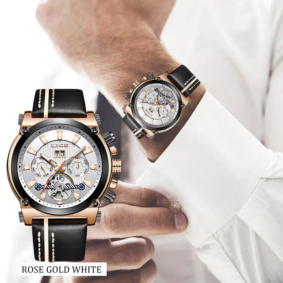 

2019 New LIGE Fashion Leather Automatic Mechanical Watch Men Military Waterproof Watch Men Sport Mechanical Clock Montre Homme