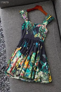 

Fashion Runway Summer Dress Women Square Collar Flowers & Animal Print Elegant Party Mini Empire Black Dresses Vestdios