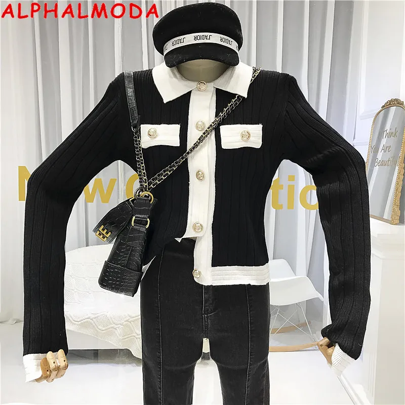 ALPHALMODA Autumn New Black and White Contrast Elegant Cardigan Women's French Fashion Short Knitting Jacket Outfit |