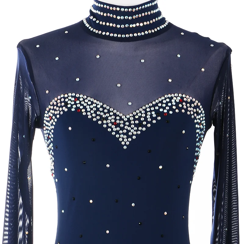 Navy Blue Red Figure Skating Dress For Women And Girls Long Sleeve Ice Figure Skating Clothes With Rhinestones ice skating costume