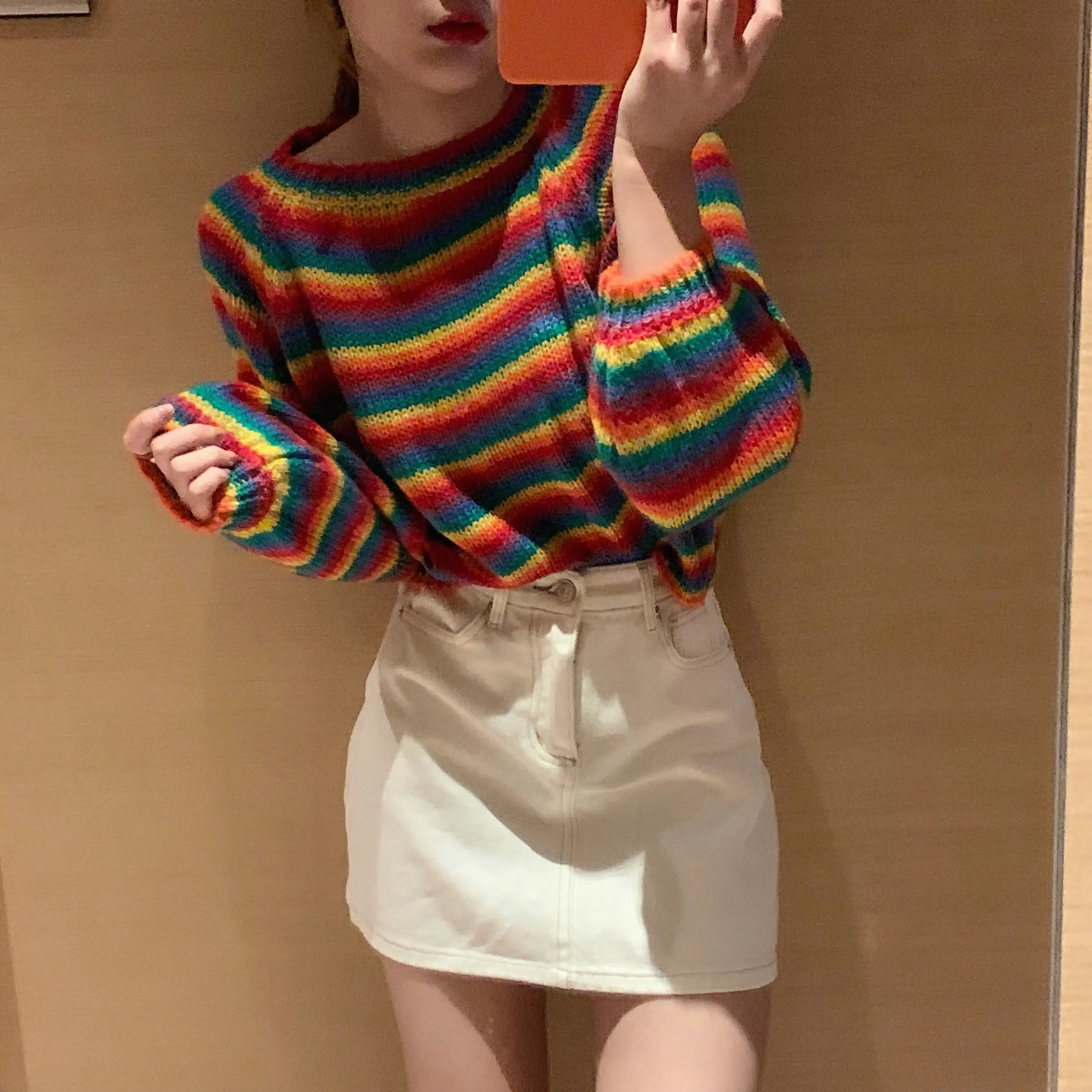 Happy Girl Look Красочный Полосатый Радужный свитер вязаный джемпер женский укороченный топ ретро с пышными рукавами Pull Femme Jersey Mujer