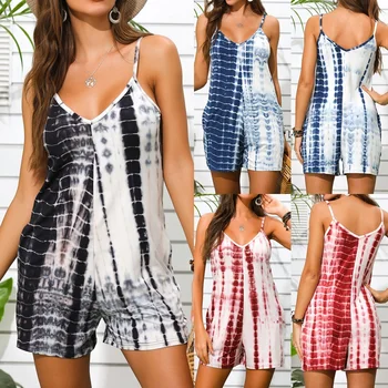 

Womens Tie-Dye V Neck Playsuits Sleeveless Rompers Casual Loose Jumpsuits with Pocket