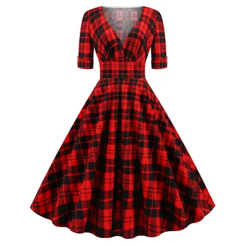 

Plus Size Women Red Plaid Summer Dress 2020 V Neck High Waist Retro 50s 60s Audrey Hepburn Vintage Dress Party Vestidos Robe