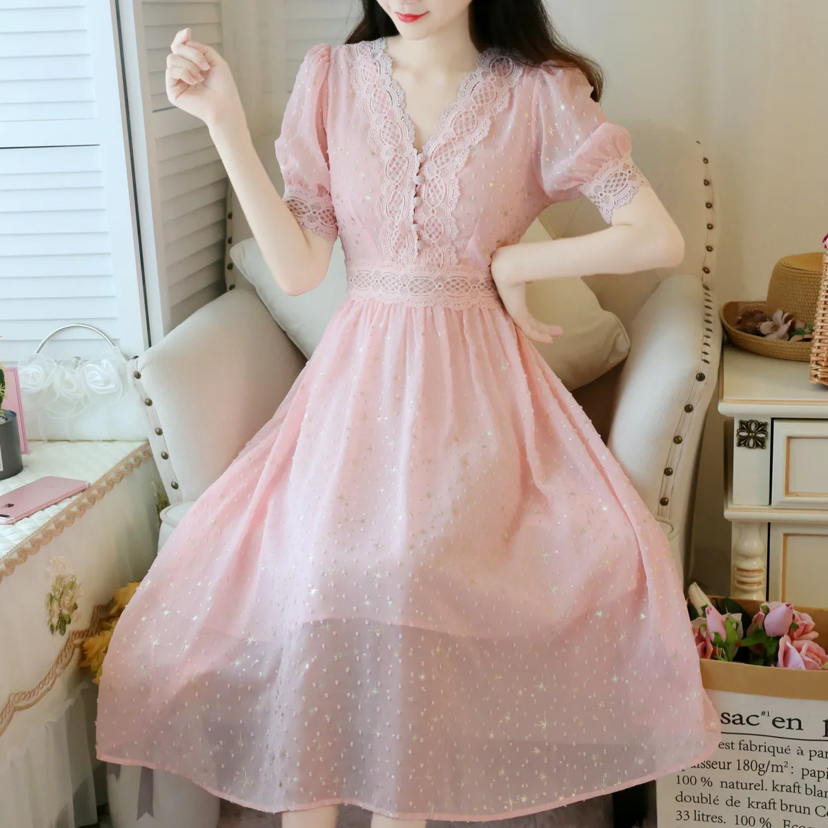 

2019 Popular Skirt Stars Skirt Gentle Fairy Mint Green Dress Chiffon Elegant Ladies'