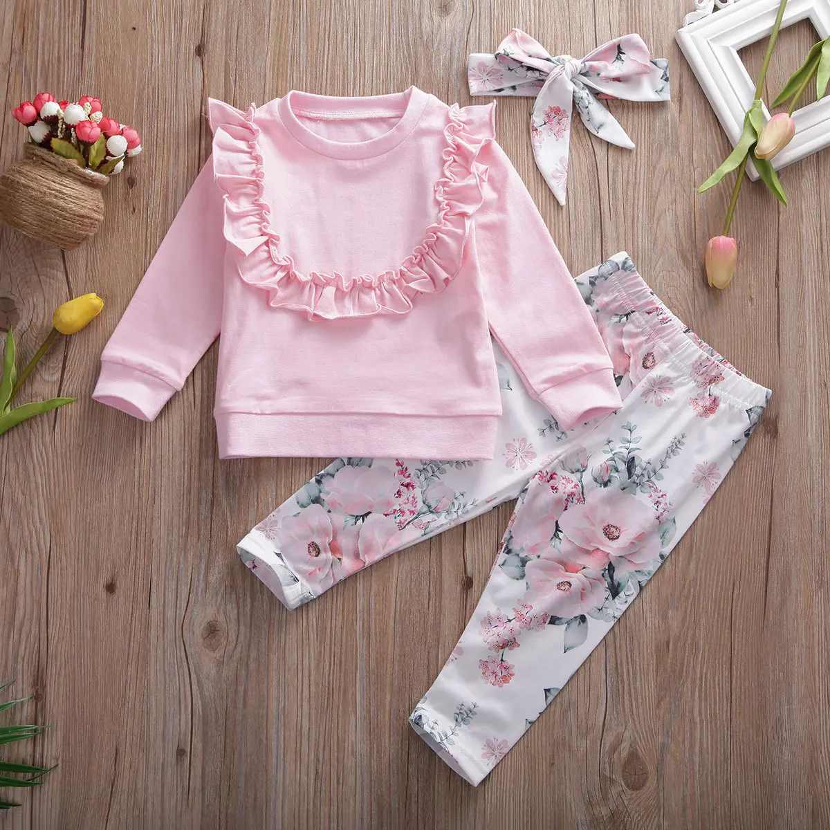 Детский комплект с цветочным принтом для маленьких девочек, топы с оборками, штаны, леггинсы, повязка на голову, комплект одежды для 0-24 месяцев