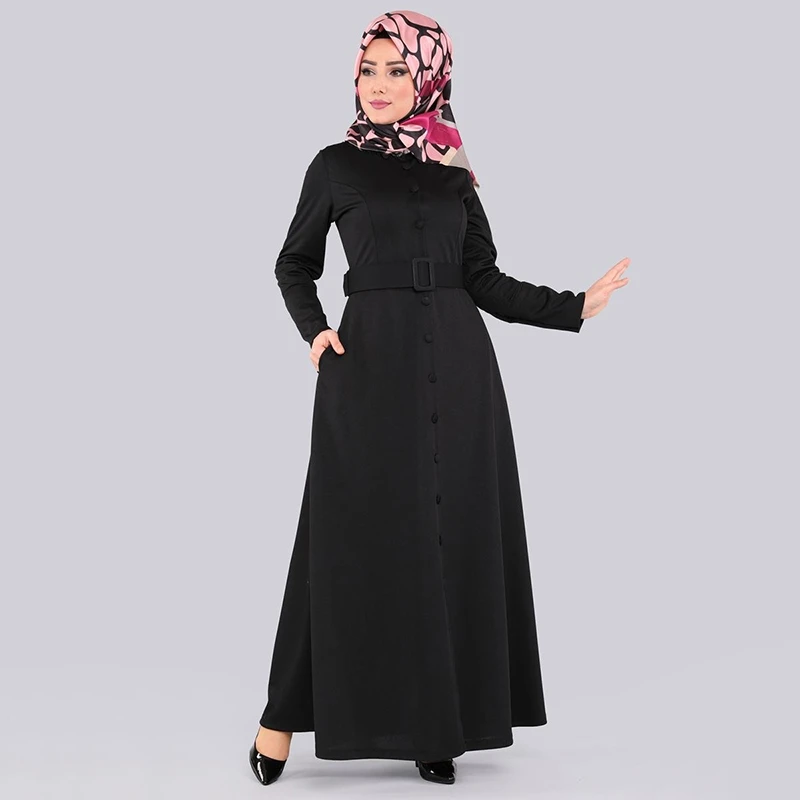 WEPBEL Arab Dubai Muslim Maxi Dress Casual Fashion Pure Color Long Sleeve Attached Belt Slim Fit Big Swing Lapel Islamic Apparel